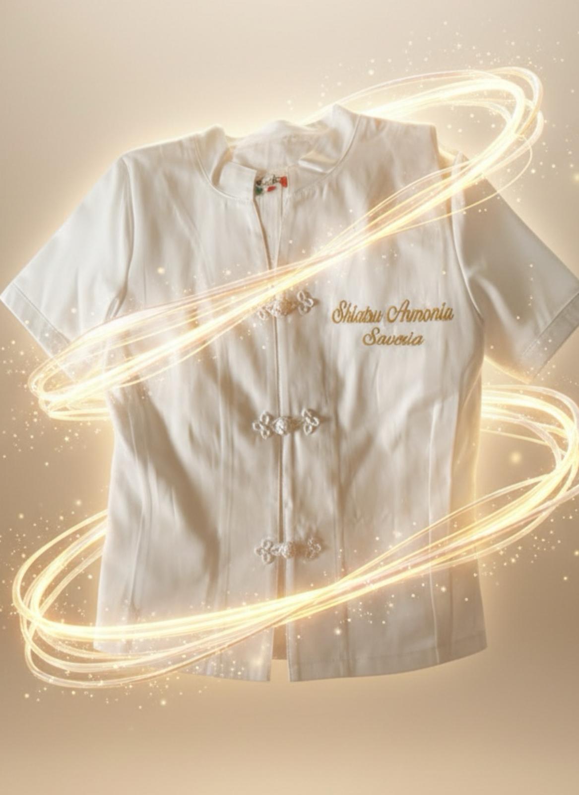 Un top bianco, a maniche corte, con fermagli decorativi e ricamo in oro con la scritta 